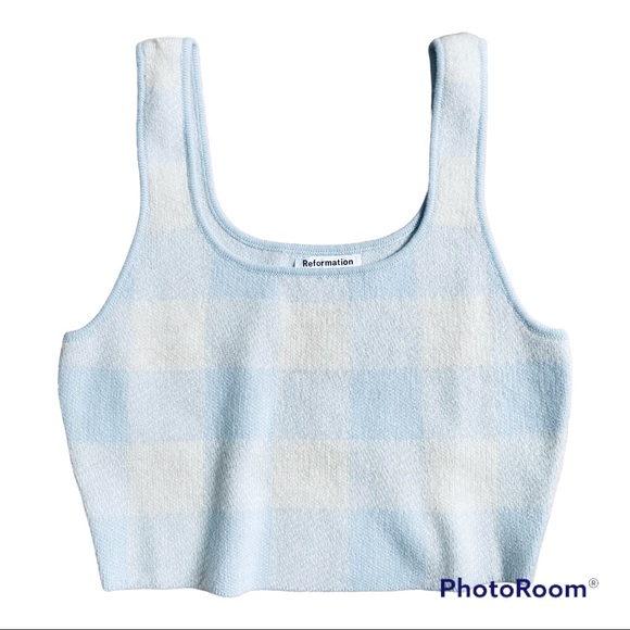 NWT Reformation Fonte Cashmere Cropped Tank and Cardigan Set Powder Blue Plaid - Picture 9 of 11